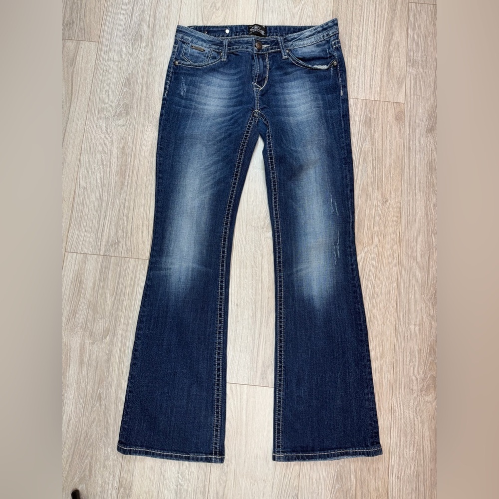 Rerock For Express Womens Boot Cut Medium Wash Y2K Thick Stitch Blue Jeans Sz 8L